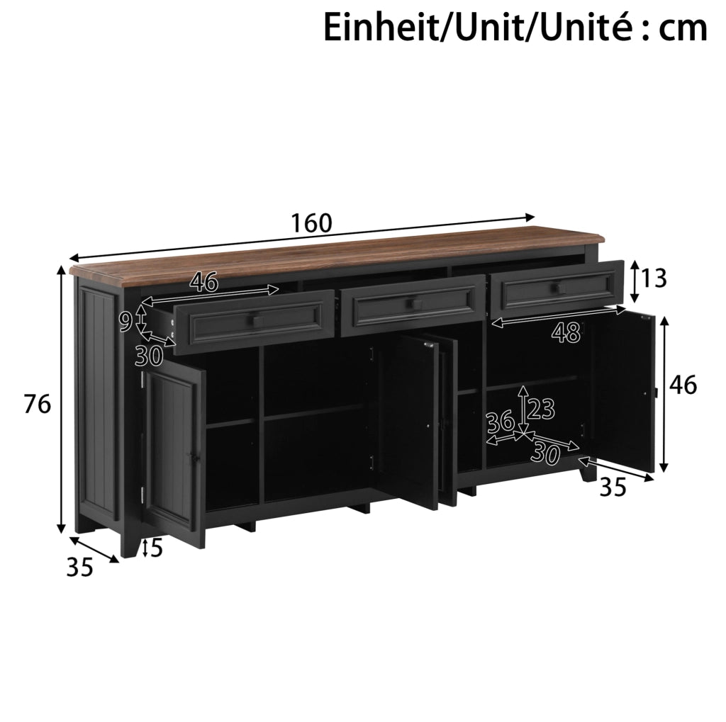 Sideboard nero in MDF 160x35x76 cm con 3 cassetti e 4 ante, design moderno e minimalista