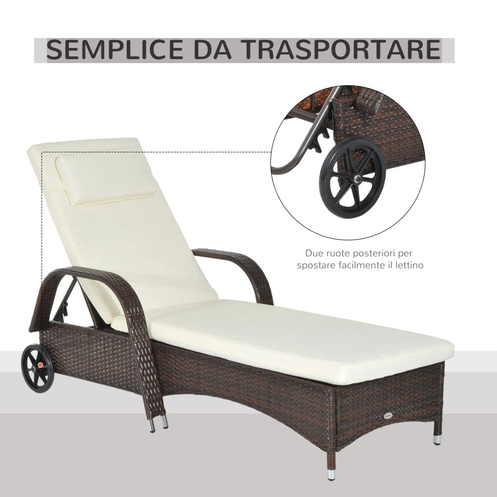 Lettino Prendisole da Esterno in Rattan Schienale Regolabile con Ruote
