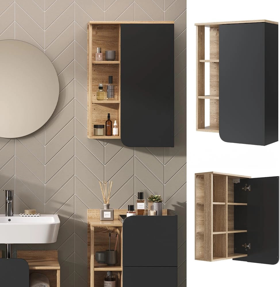 Mobile bagno Karen, Sonoma/antracite, 50 x 75 cm con porta e vani aperti, per montaggio a parete con vani a giorno e vani chiusi