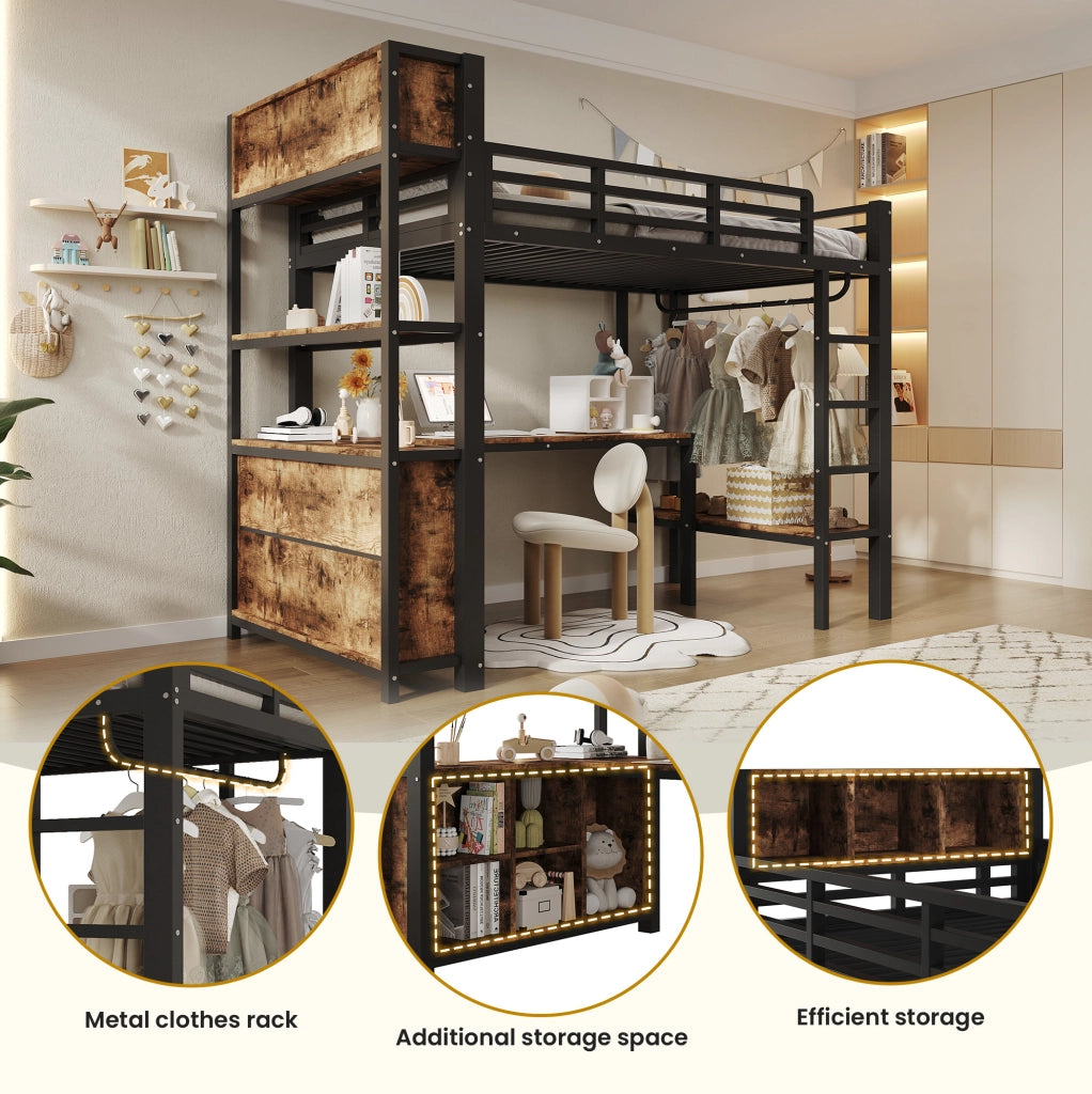 Letto a soppalco 90x200 cm in MDF e metallo nero con scrivania; appendiabiti e ripiani