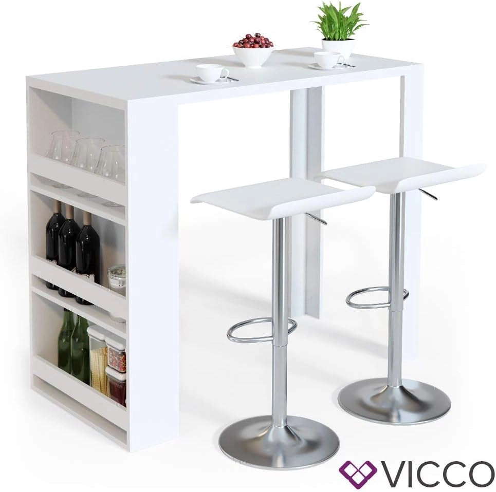 Tavolo bar alto, Bianco, 57 x 117 cm, con ripiani aperti per riporre utensili da cucina