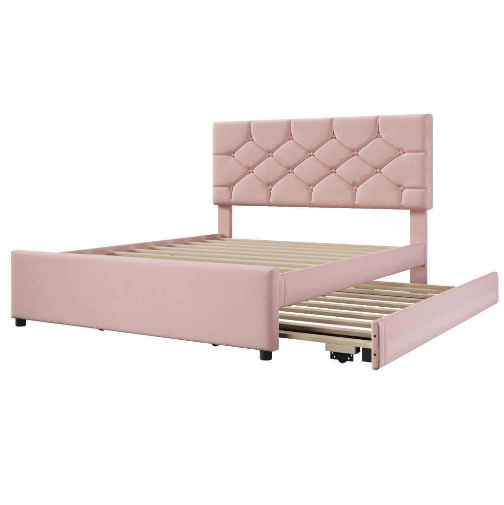 Letto imbottito 140x200 cm con rete a doghe e letto estraibile, rosa, design minimalista