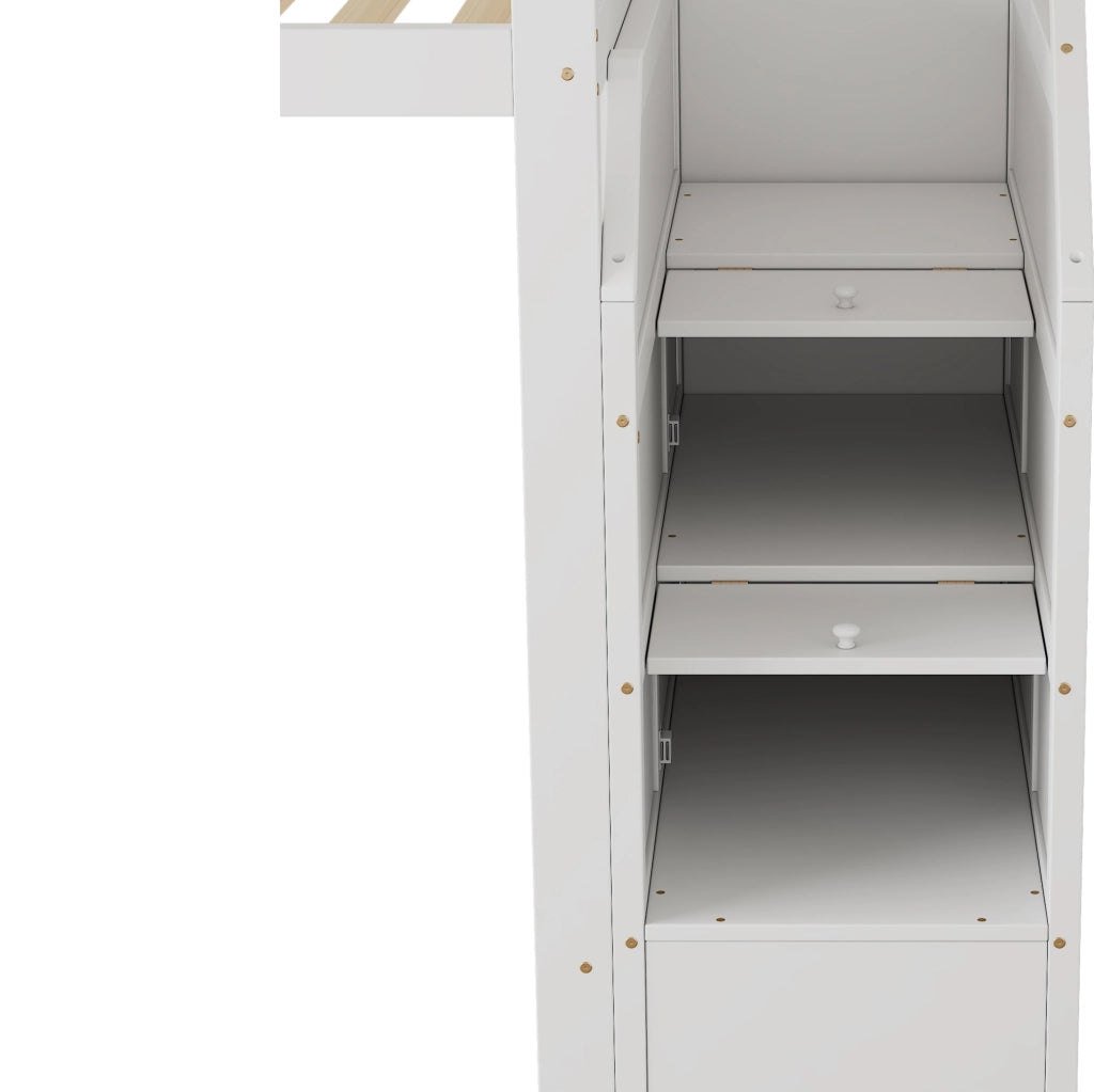 Letto a soppalco ULEVR 90x200 cm con rete a doghe, protezione laterale e scala contenitore, bianco