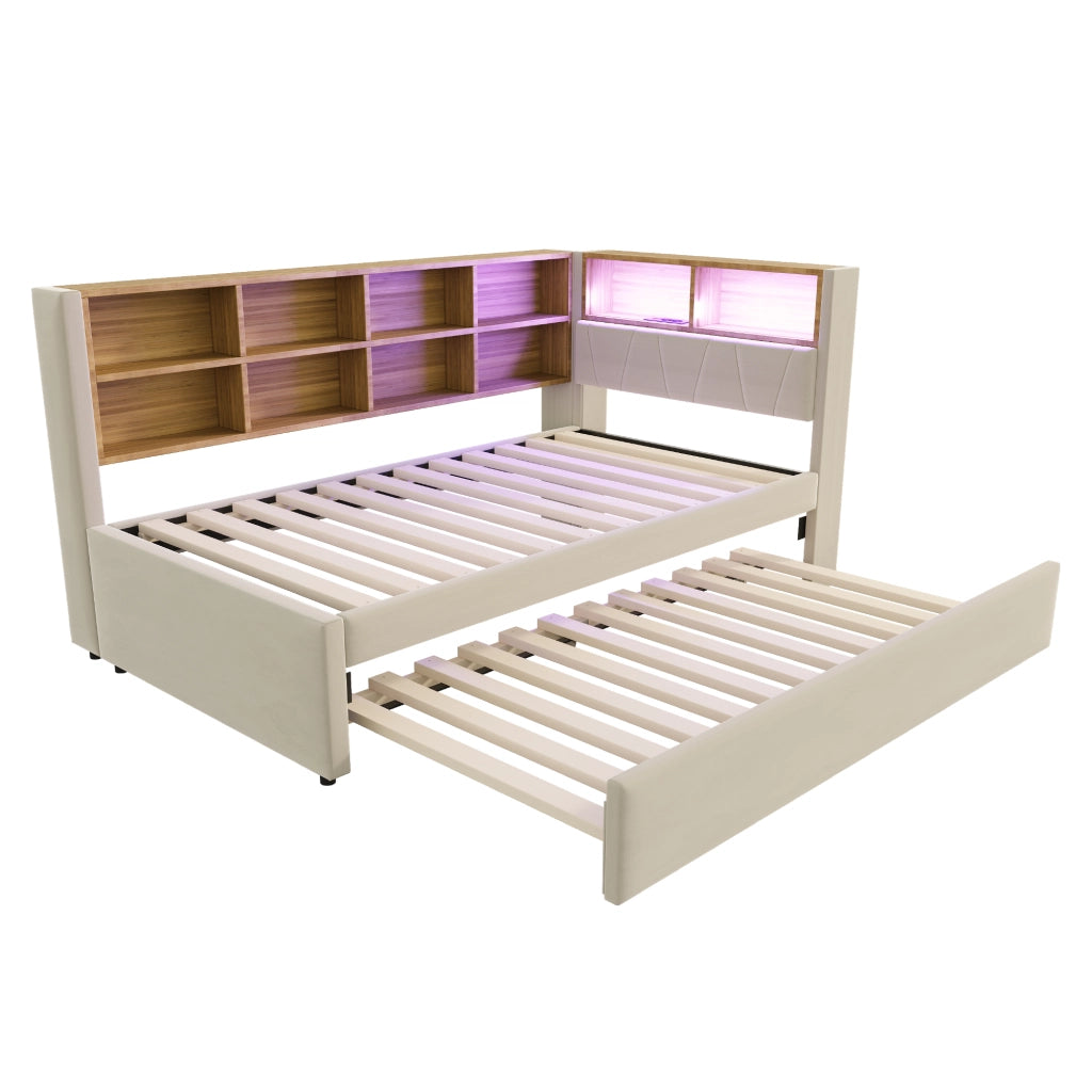 OKWISH Letto a Divano 90×200 cm, Letto Singolo con Letto Estraibile 90×190 cm, LED, USB, Tipo C e Prese, senza Materasso, Beige