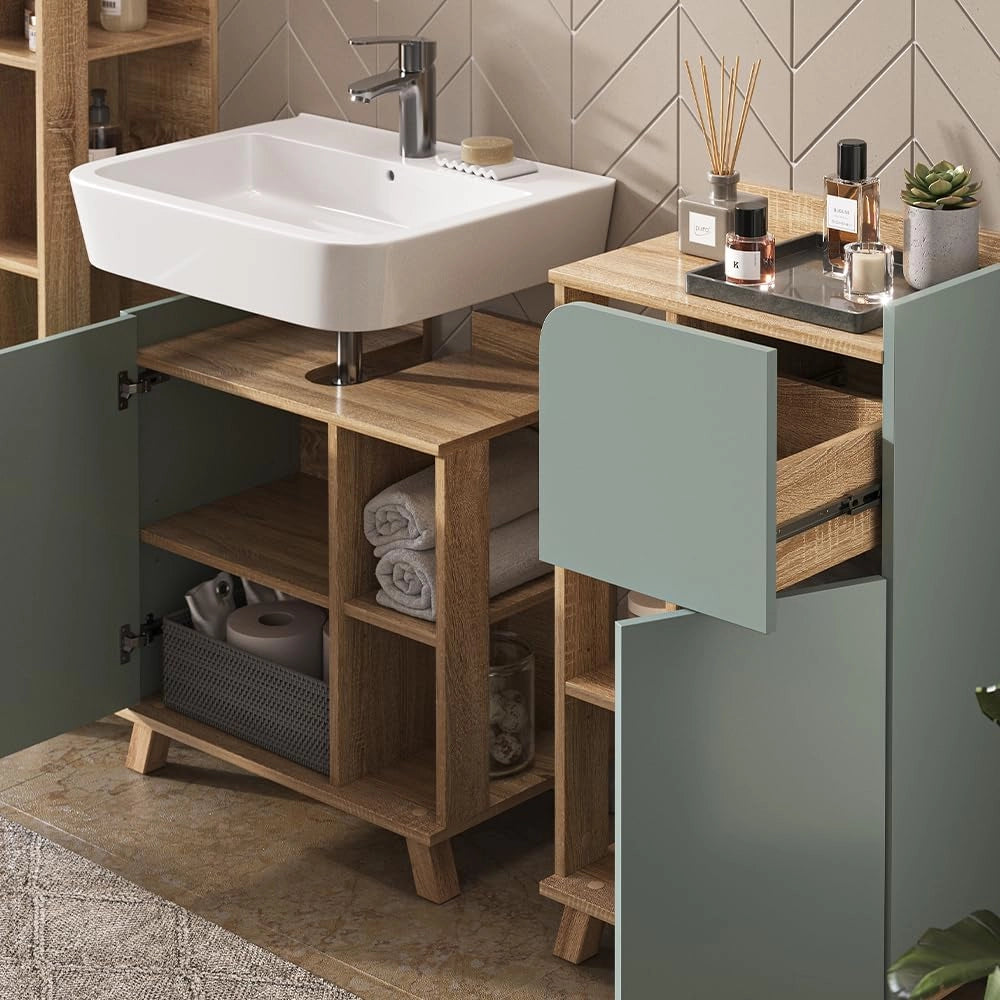 Set di mobili da bagno Karen, Sonoma/blu, 60 cm, composto da mobile lavabo, pensile a specchio, colonna e base media