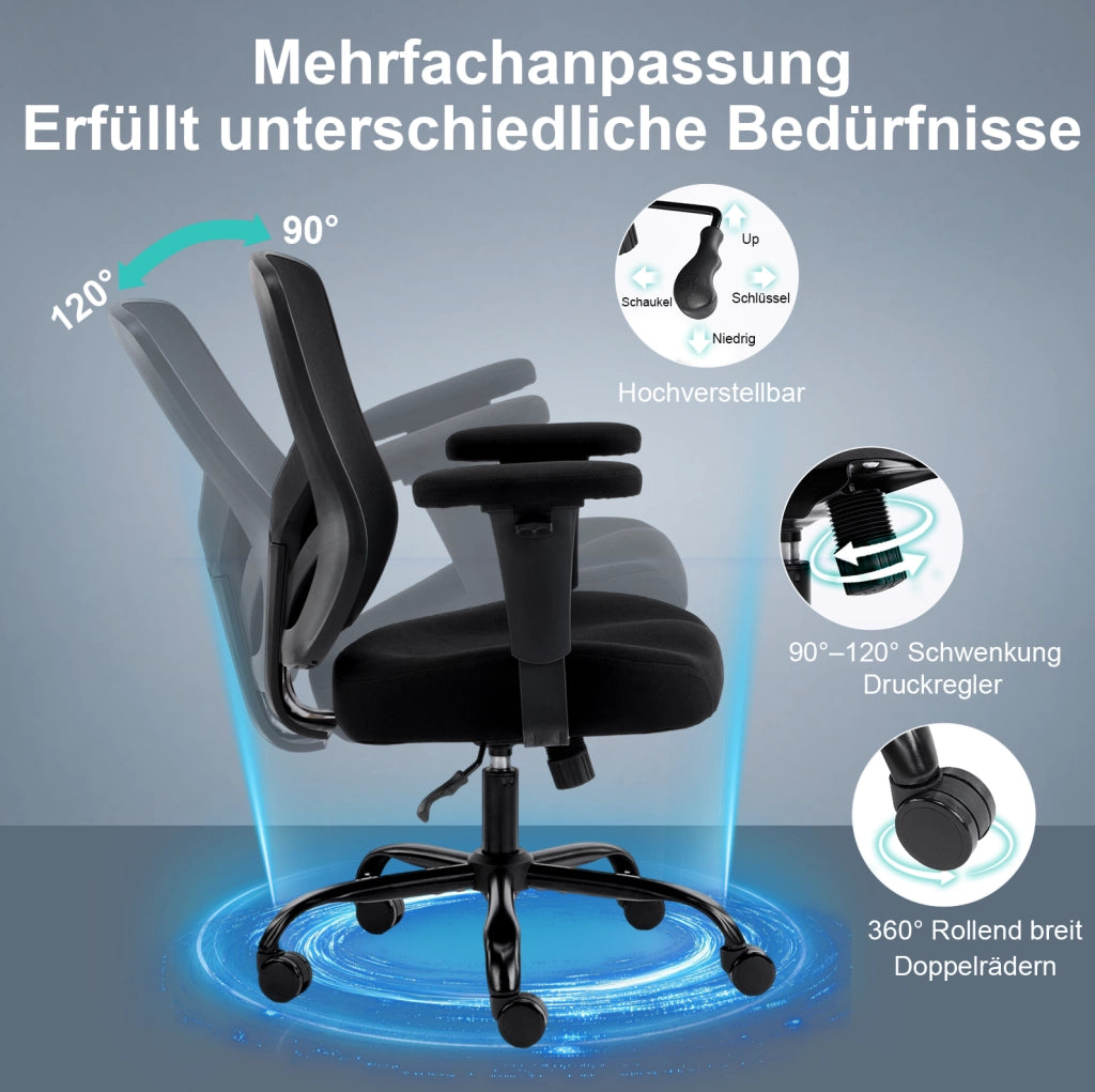 Sedia da ufficio ergonomica nera con supporto lombare regolabile e braccioli 2D