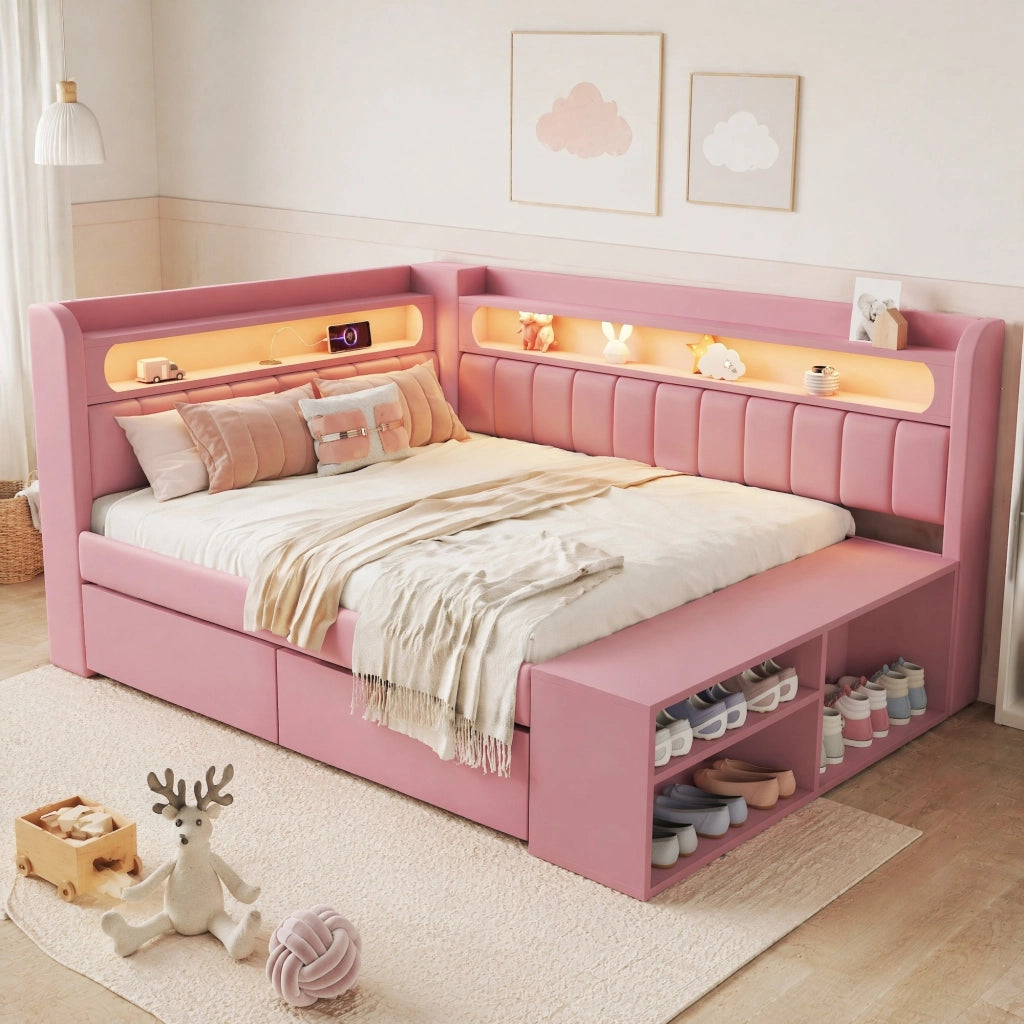 LETTO Poltrona 90x200 cm Rosa con USB, LED e 2 Cassetti