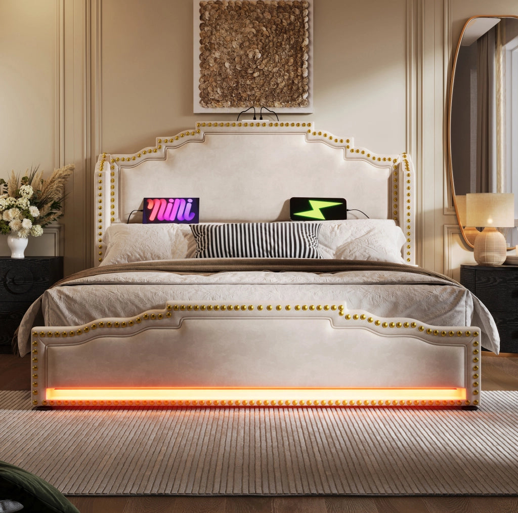 Letto matrimoniale 180x200 con 4 cassetti, LED e porte USB-C