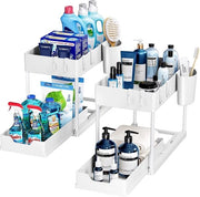 Organizzatori per sottopiano da 2 pezzi con cassetti estraibili e ripiano scorrevole, 2 livelli di organizzazione multiuso per sottopiano cucina sotto la vasca da bagno, rack di stoccaggio per lavandini da contorno - Bianco