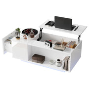 Tavolino da salotto 100x50x40 cm; sollevabile con contenitore nascosto e LED; pannello truciolare bianco