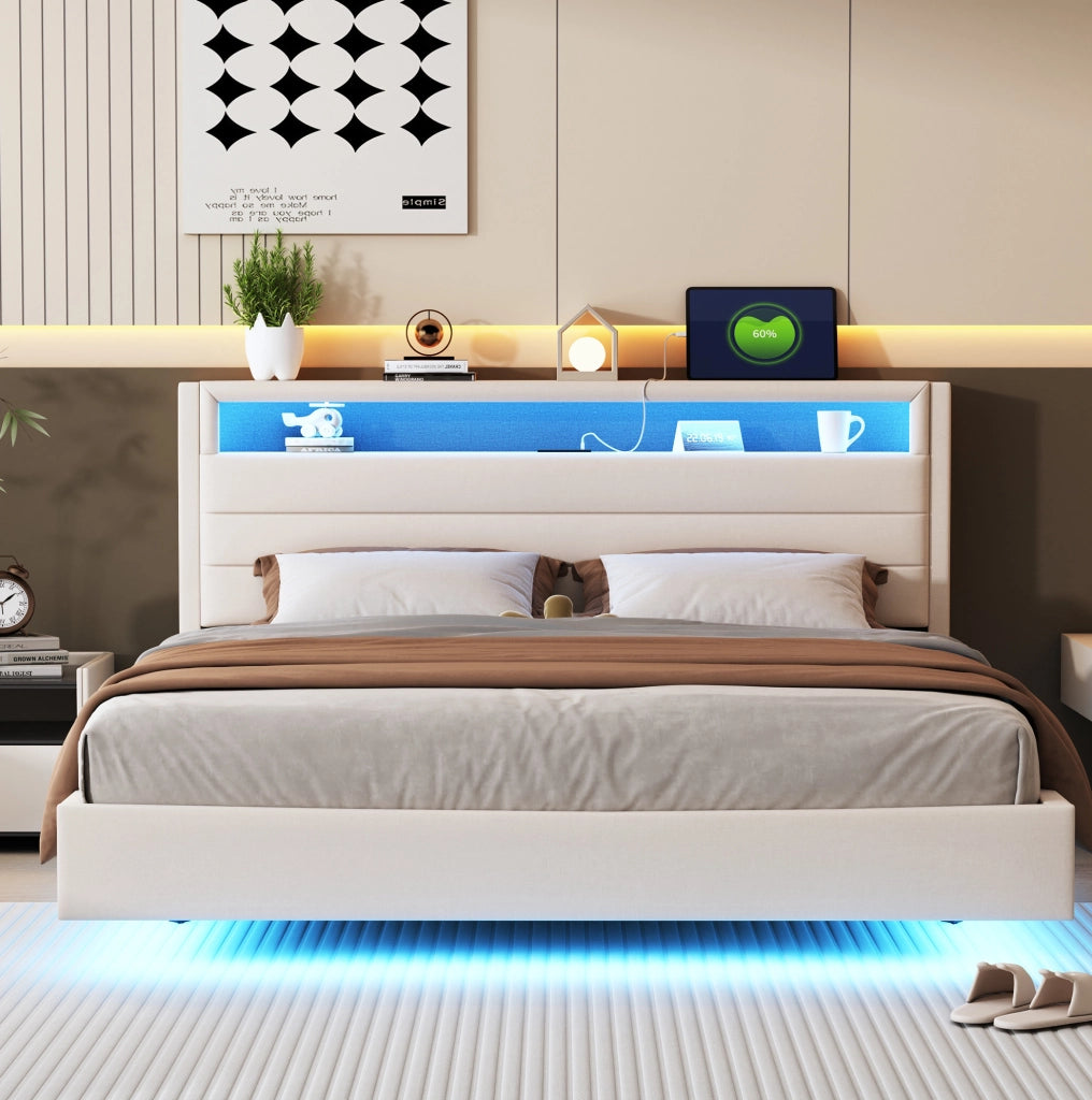 Letto matrimoniale imbottito 160x200 cm con USB e LED; testiera ribaltabile; beige
