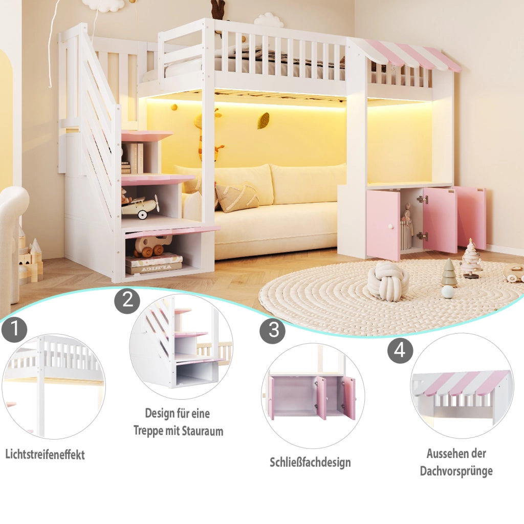 Letto a soppalco singolo 90×200 cm con scala contenitore e LED; senza materasso; legno; rosa e bianco