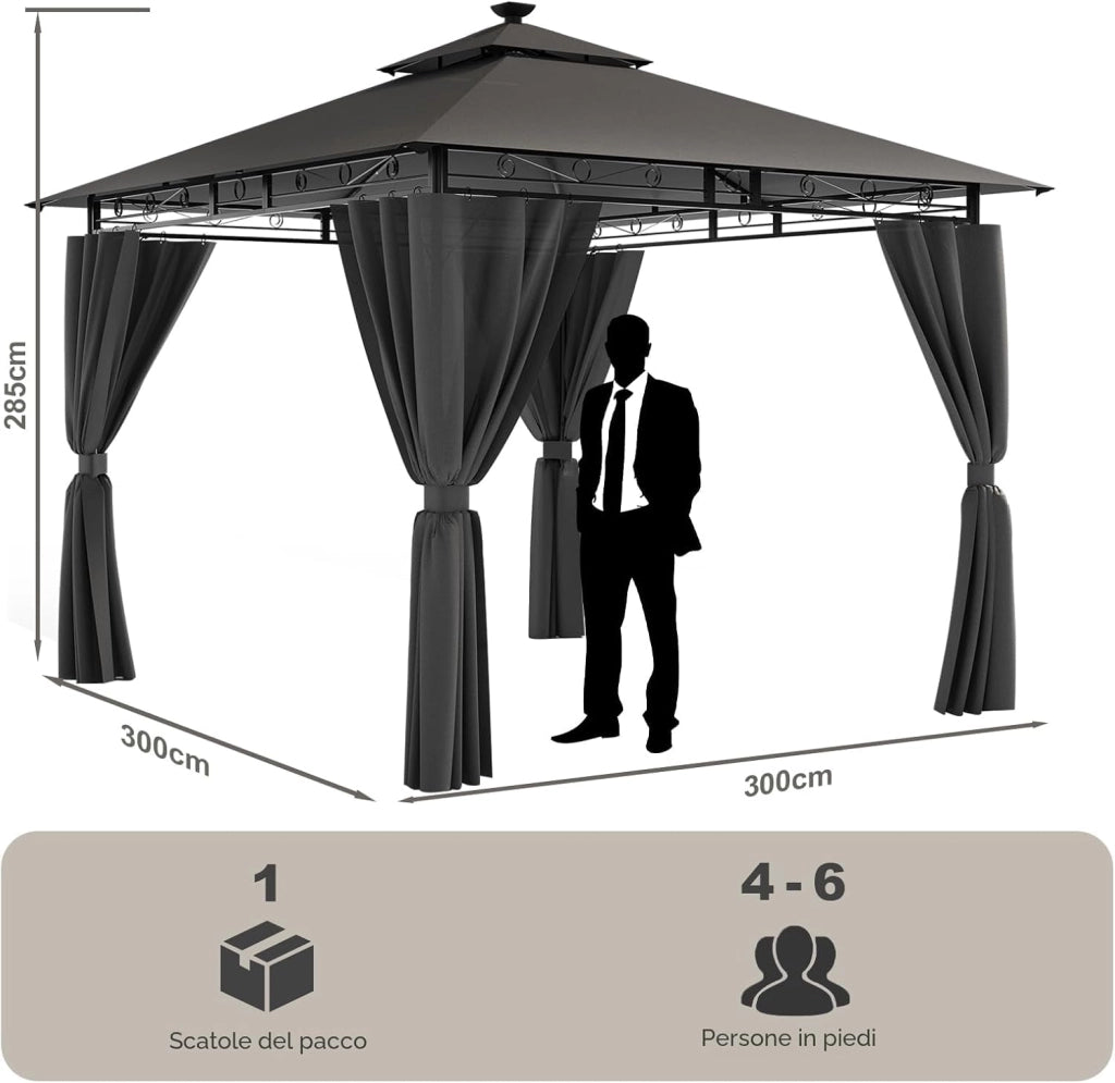 Gazebo Esterno Resistente 3x3m con Luce LED, Gazebo da Giardino Impermeabile Robusto per 4-6 Persone, Doppio Tetto Protezione UV50+, Tenda da Giardino per Famiglie Festival Eventi, Grigio