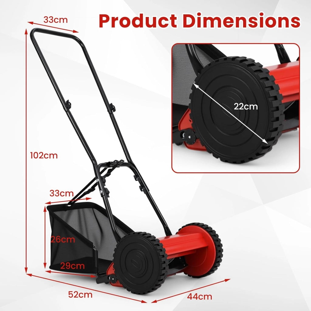Tosaerba manuale a cilindro, tosaerba con larghezza di taglio di 30 cm, vassoio di raccolta 18,5 l, altezza di taglio regolabile a 4 livelli 15-40 mm, 5 lame in metallo