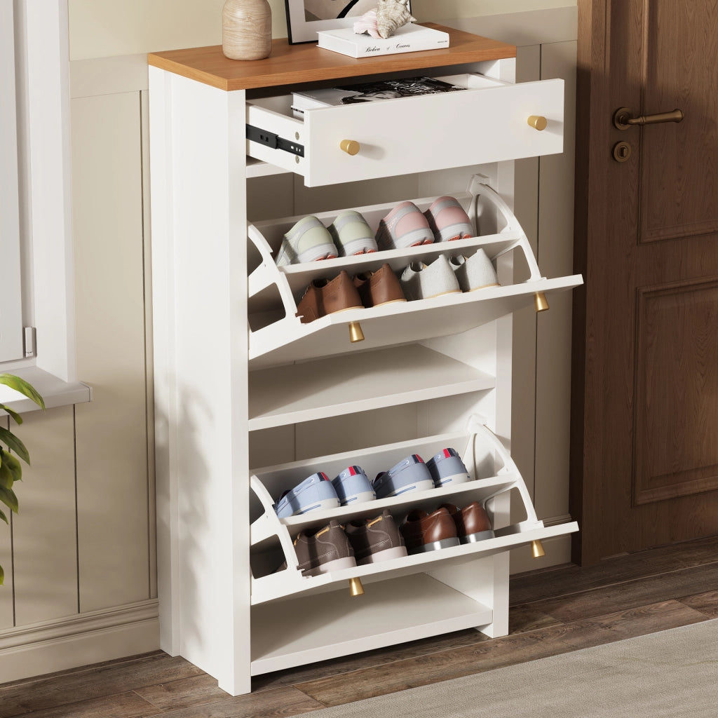 Scarpiera slim a ribalta con cassetto, 2 ante e ripiani regolabili, MDF bianco effetto legno, 50 x 25 x 95 cm