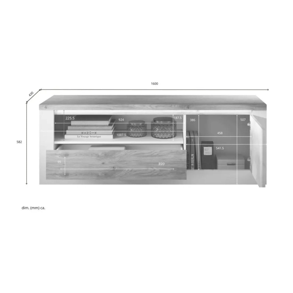 Mobile porta TV SASHA – 1 porta, 1 cassetto e 1 vano aperto con LED – Bianco lucido e quercia Cadiz