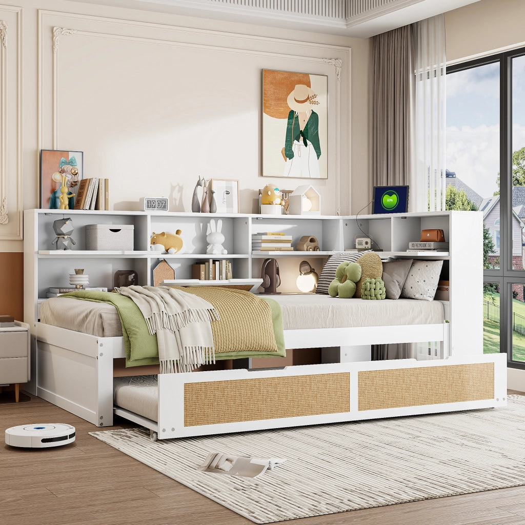OKWISH Letto Divano 90×200 cm, Letto Singolo con Letto Estraibile 90×190 cm, USB, Prese e Contenitori, senza Materasso, in Legno, Bianco