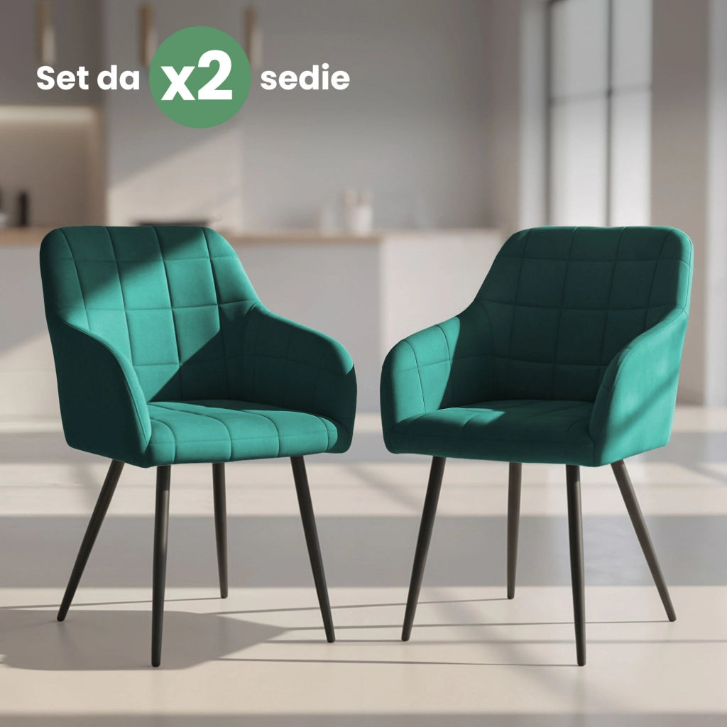 Set di 2 Sedie imbottite con cuciture quadrate LUXANO Verde Bottiglia gambe nere