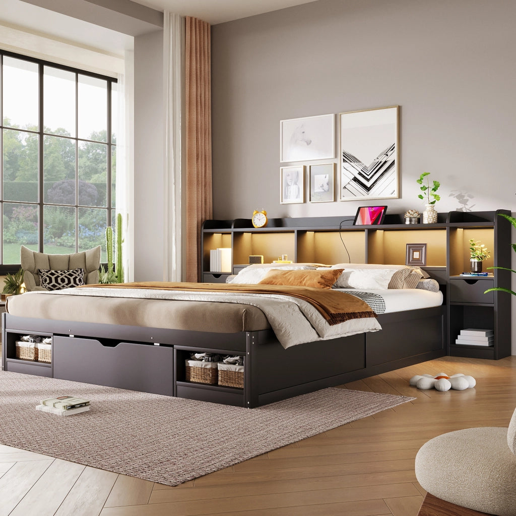 Letto 180x200 cm con LED, USB e 3 cassetti in MDF e compensato nero