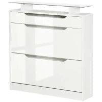 Scarpiera Moderna con 2 Cassetti per 16 Scarpe, Scarpiera a Ribalta con Mensola Regolabile e Ripiano in Vetro, 89x23x96cm, Bianco Lucido