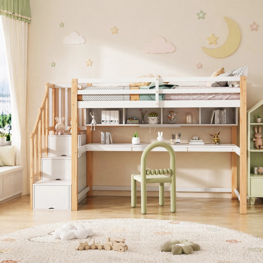 Letto a soppalco per bambini con scrivania integrata e scala contenitore, 90x200 cm, Bianco/Quercia