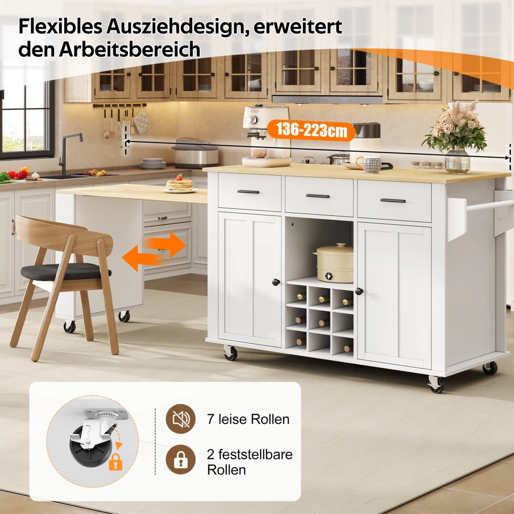 ISOLA cucina con piano estraibile 136(223)x50x93 cm MDF Bianco/Naturale