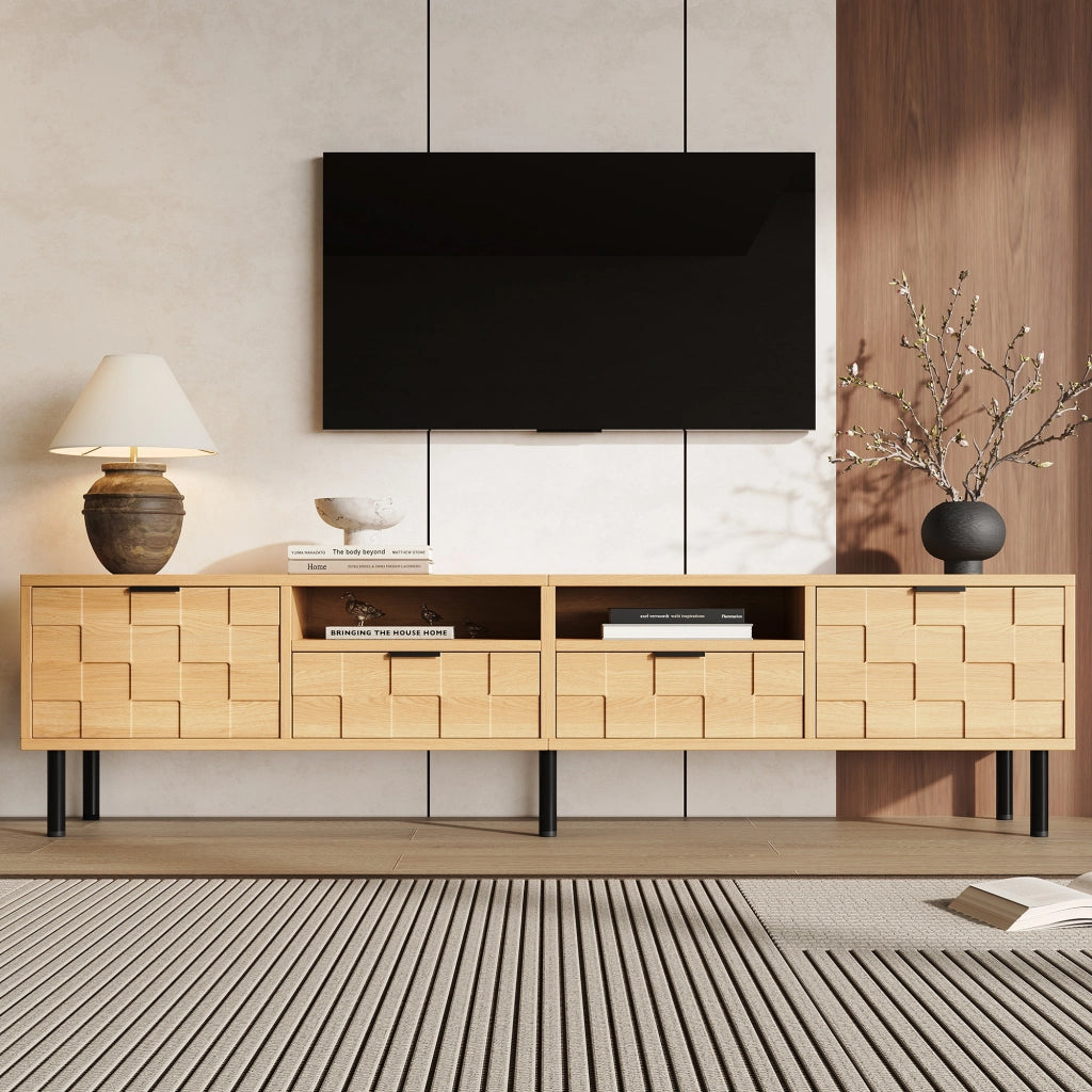 Mobile TV, 2 cassetti, adatto a TV da 80 pollici, 200 x 35 x 44,5 cm, colore legno naturale