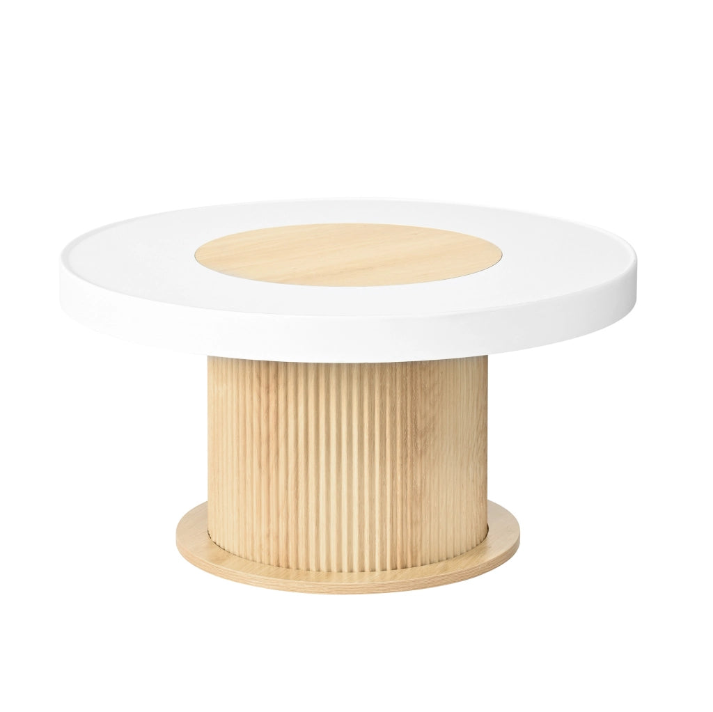 Tavolino da caffè 75x75x39 cm con piano rotondo bicolore e base cilindrica scanalata in MDF e PVC naturale e bianco