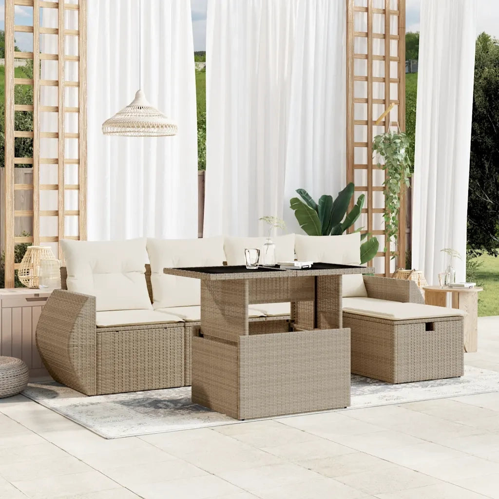 Set Divano da Giardino 6 pz con Cuscini Beige in Polyrattan