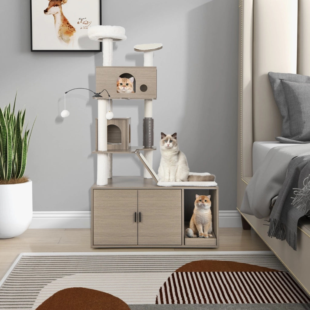 Albero per gatti con mobile nascondi lettiera, Torre per gatti 2-in-1 con doppie cucce piattaforma superiore Grigio-Alberi Tiragraffi