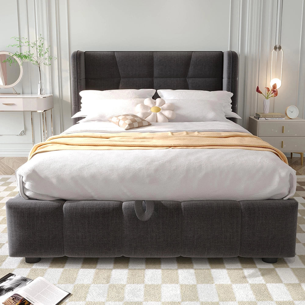 Letto imbottito per bambini - Xylo - 90x200 cm - Grigio - Testiera e sistema di stoccaggio pneumatico