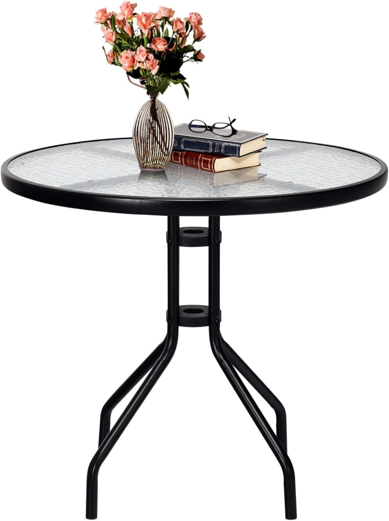 Tavolino da giardino 70 cm, tavolo da patio con piano in vetro temperato, telaio in metallo robusto con foro per ombrellone, tavolino rotondo per balcone, patio, bistrot