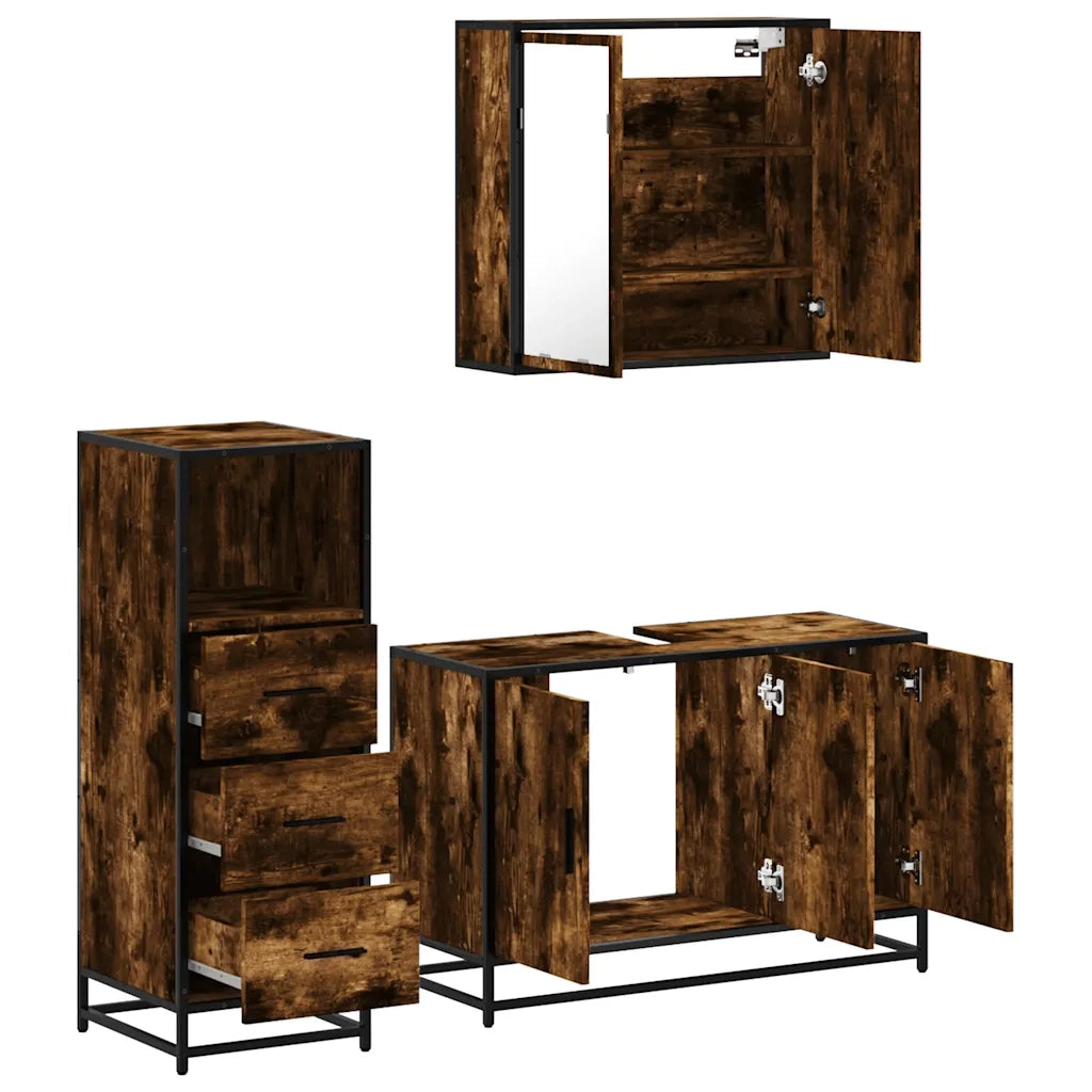 Set Mobili da Bagno 3 pz Rovere Fumo in Legno Multistrato