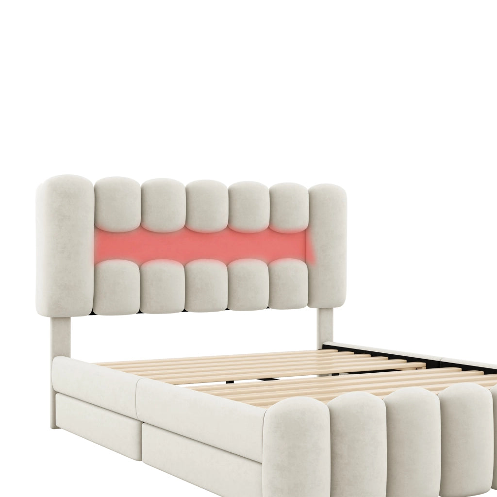 DESMIU Letto imbottito 140 × 200 cm 2 posti con 4 cassetti, LED, USB e altoparlanti, senza materasso, beige