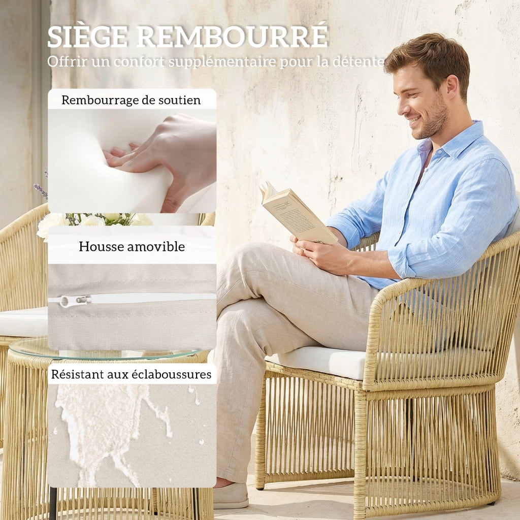 Set Giardino Esterno 2 Posti con Tavolo e Sedie ¨C Zephmum ¨C Resina Intrecciata, Cuscini, Colore Crema