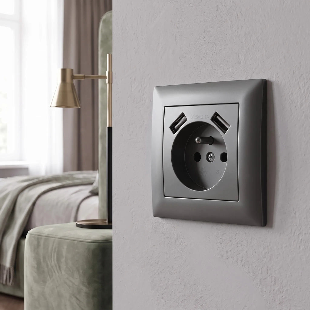 Presa Singola Con Messa A Terra + 2x Usb-a Oste Jnh003-g Grey