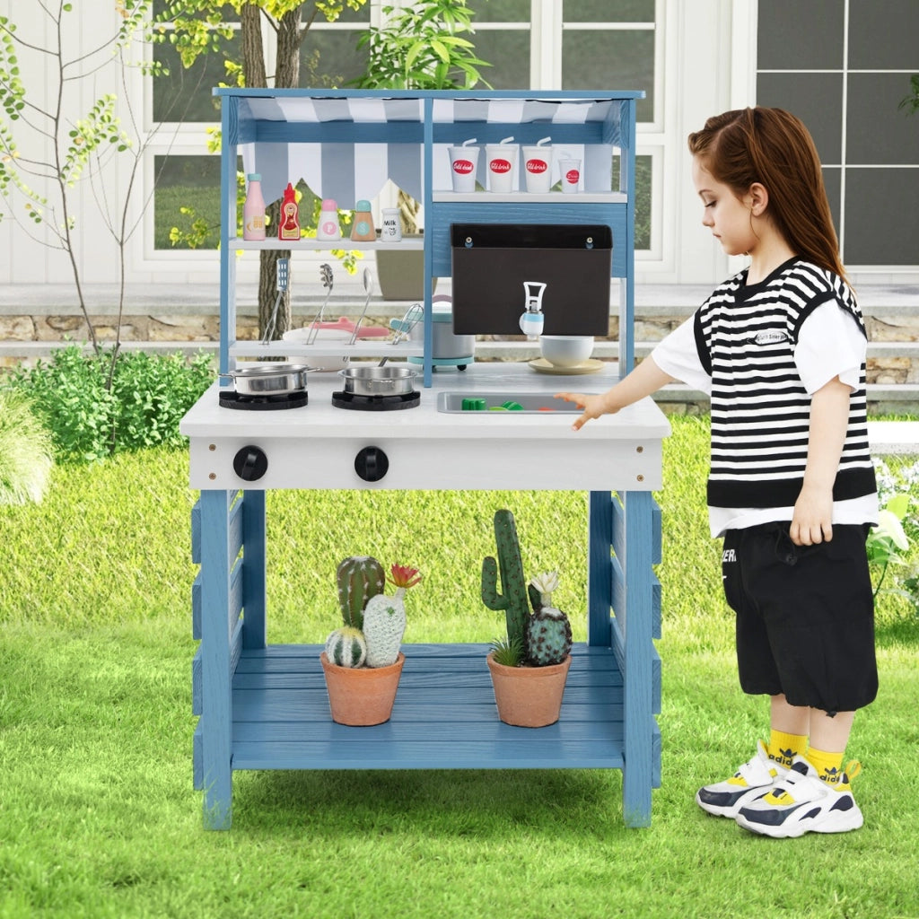 Cucina giochi in legno a doppia faccia con lavandino vaschetta per l'acqua, Set di cucina per bambini dai 3+ anni Blu-Cucine giocattoli
