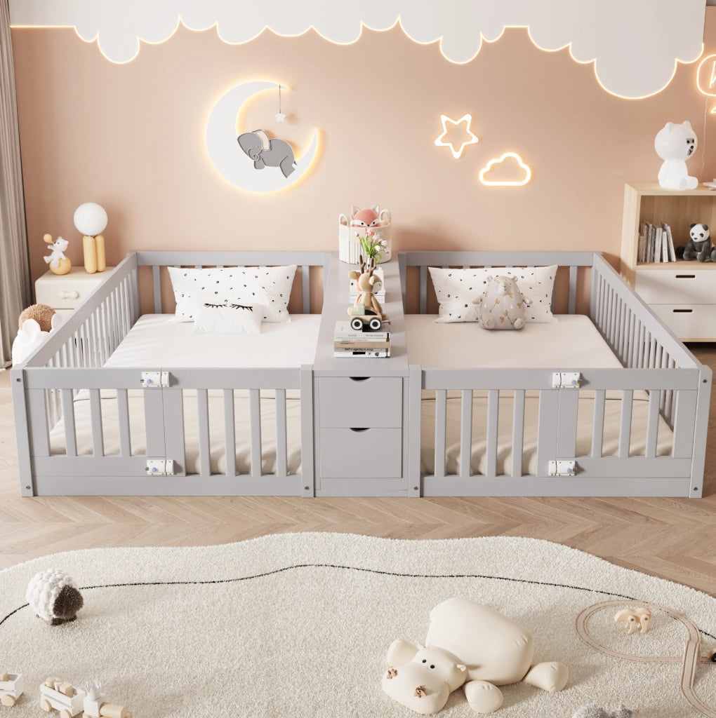 Letto doppio per bambini 2x90x200 cm con cassetti e ripiani in pino; compensato e MDF grigio