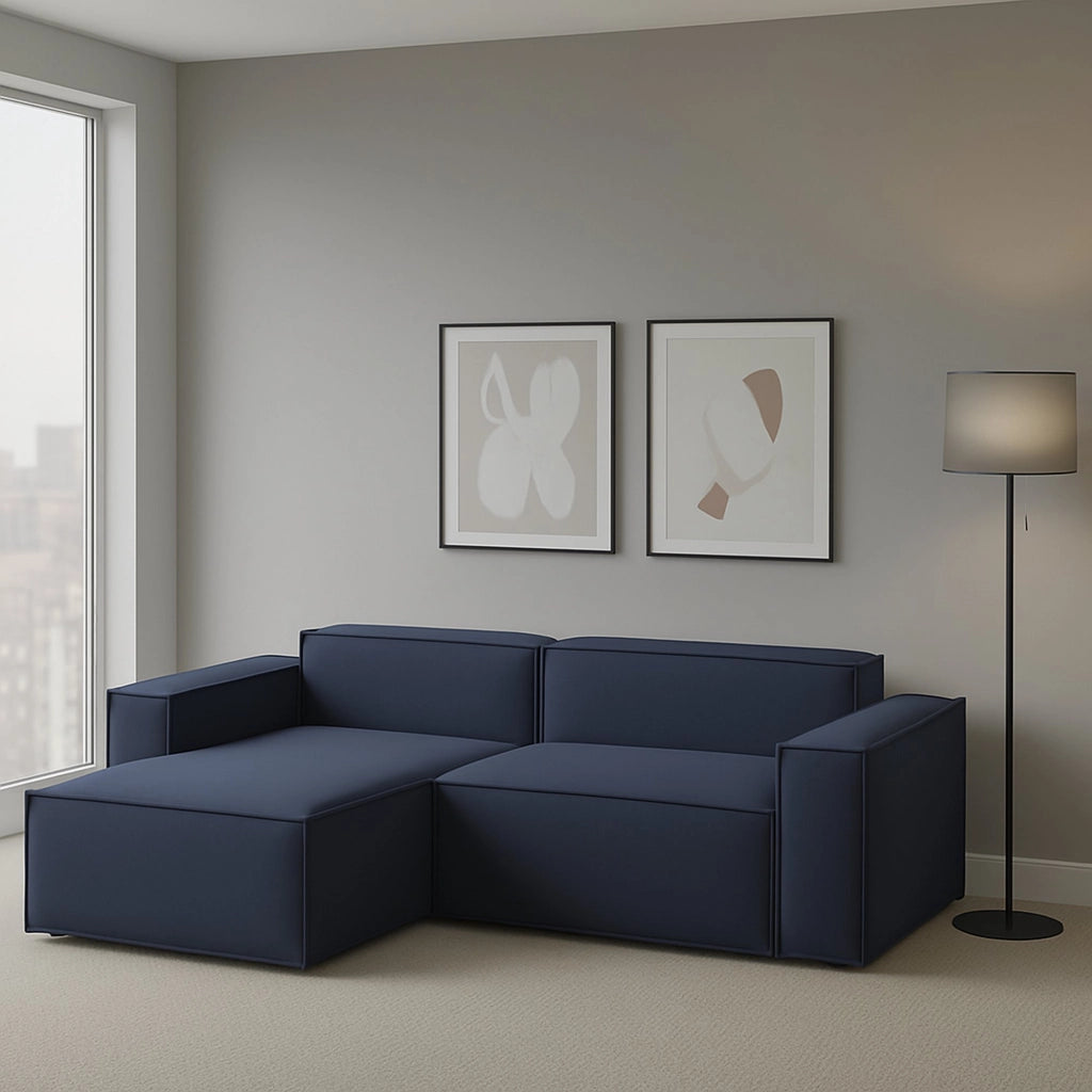 Divano fisso Assurte, Divano componibile a 2 posti large con penisola sinistra, Made in Italy, SofÒ  moderno in tessuto, Cm 240x170h70, Blu