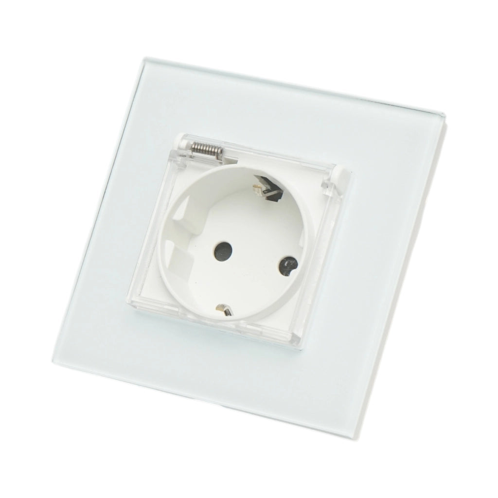 Presa schuko da incasso bianca 220V, 16A, coperchio trasparente, cornice in vetro 86x86x34mm