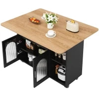 Isola cucina moderna con spazio di conservazione e armadietti con ante in vetro, 120×30×79,5 cm, Nero e Legno naturale