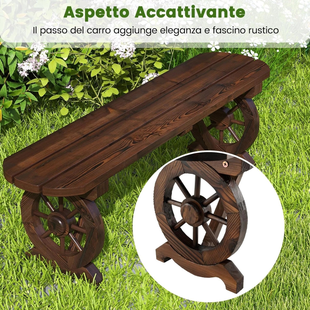 Panchina in Legno Rustico, Panchina da Esterno con Base a Ruota di Carro, Design Sedile a Doghe, Panchina a 2 Posti per Giardino, Balcone e Cortile, Portata 325 kg