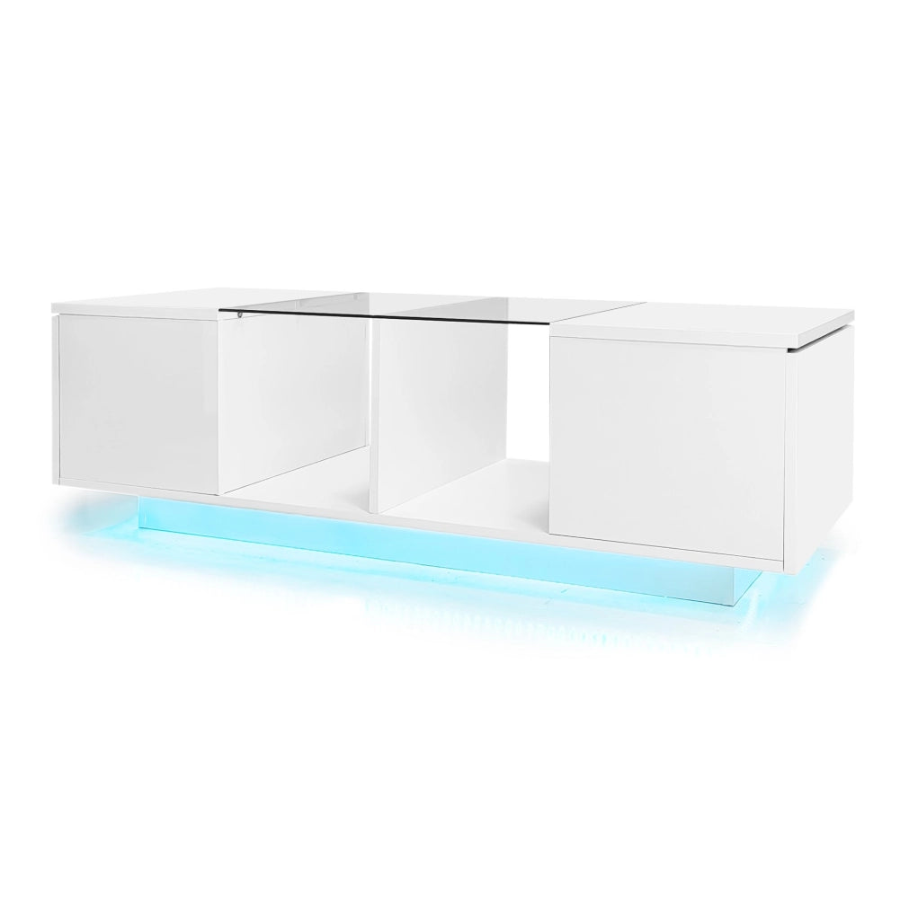 Tavolino da salotto 120x50x38.5 cm con LED e ante laterali; bianco