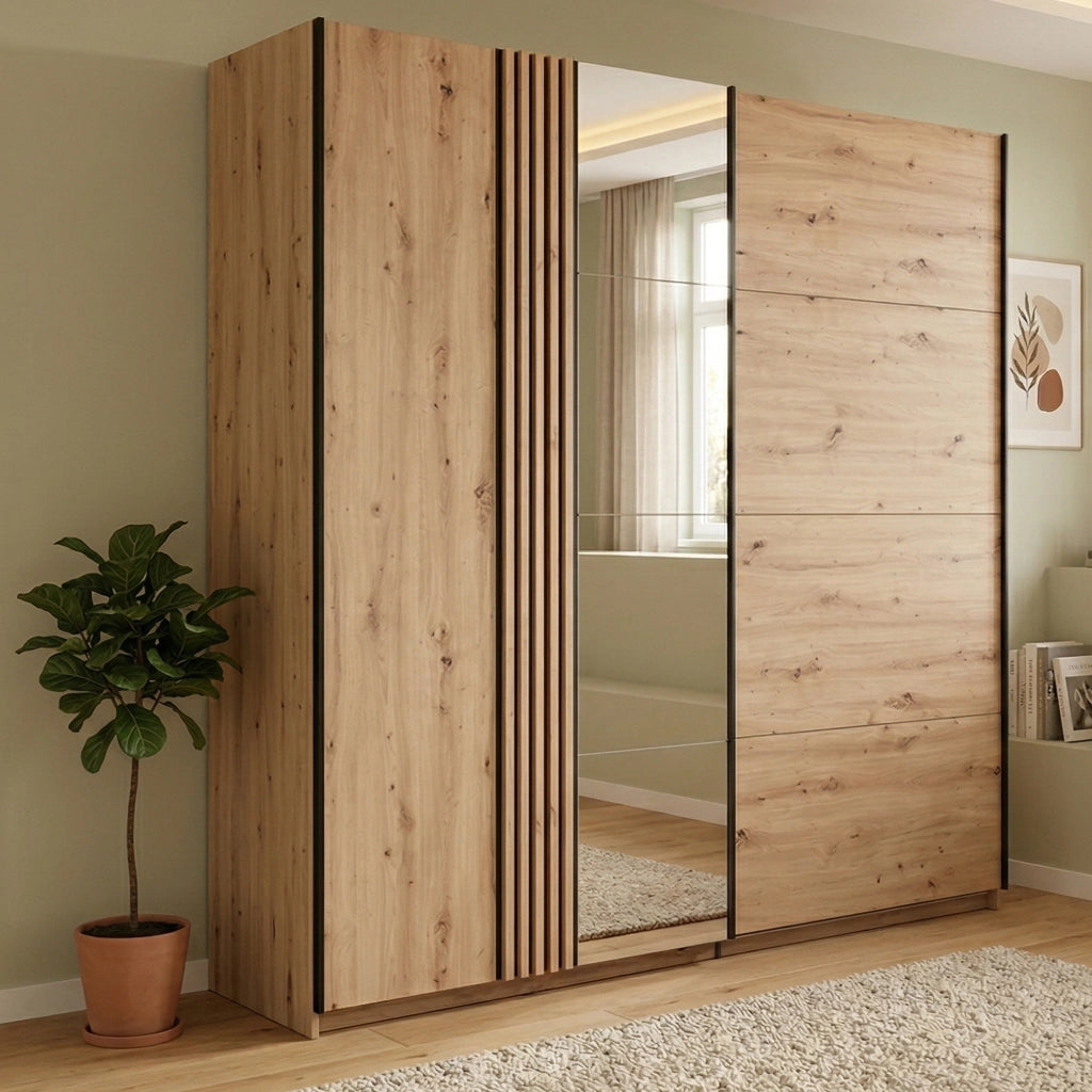 Armadio Camera da Letto Nucetto, Guardaroba Grande Appendiabiti, 220x217.5h cm Marrone Rovere Nodi