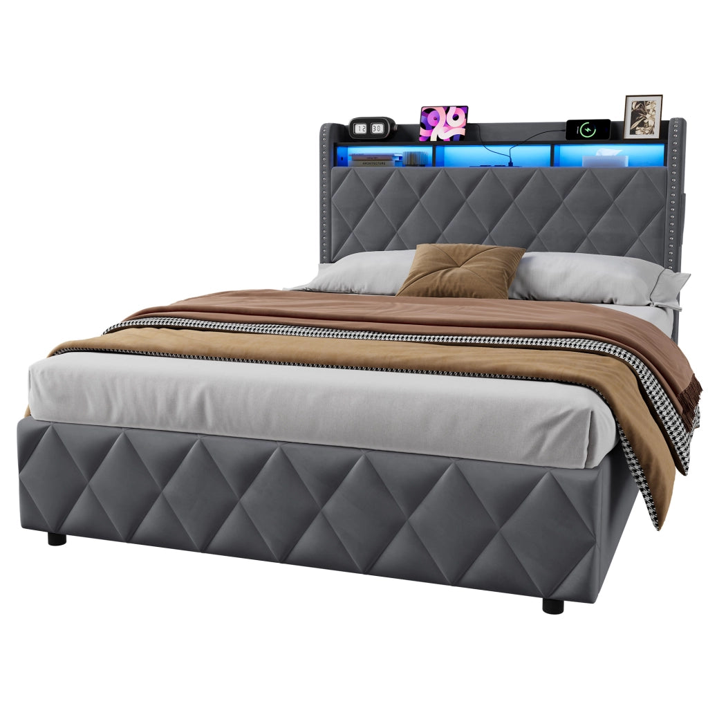 Letto matrimoniale imbottito contenitore grigio scuro 140x200 cm con LED e dock USB