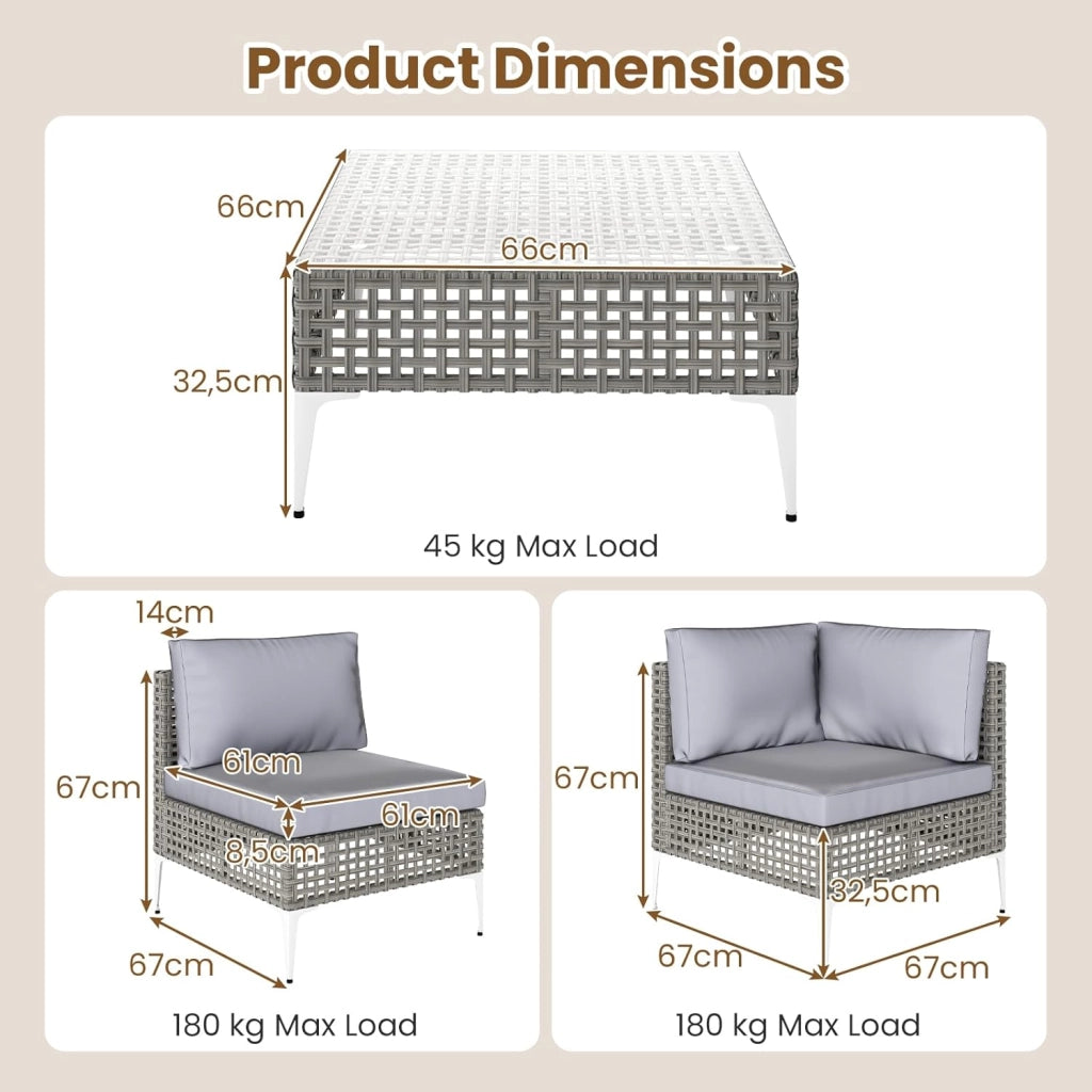 Set di mobili da giardino in rattan, 5 pezzi, cuscini rimovibili e schienale ergonomico, tavolino in vetro temperato, set di mobili da esterno per cortile, terrazza, giardino, carico 180 kg