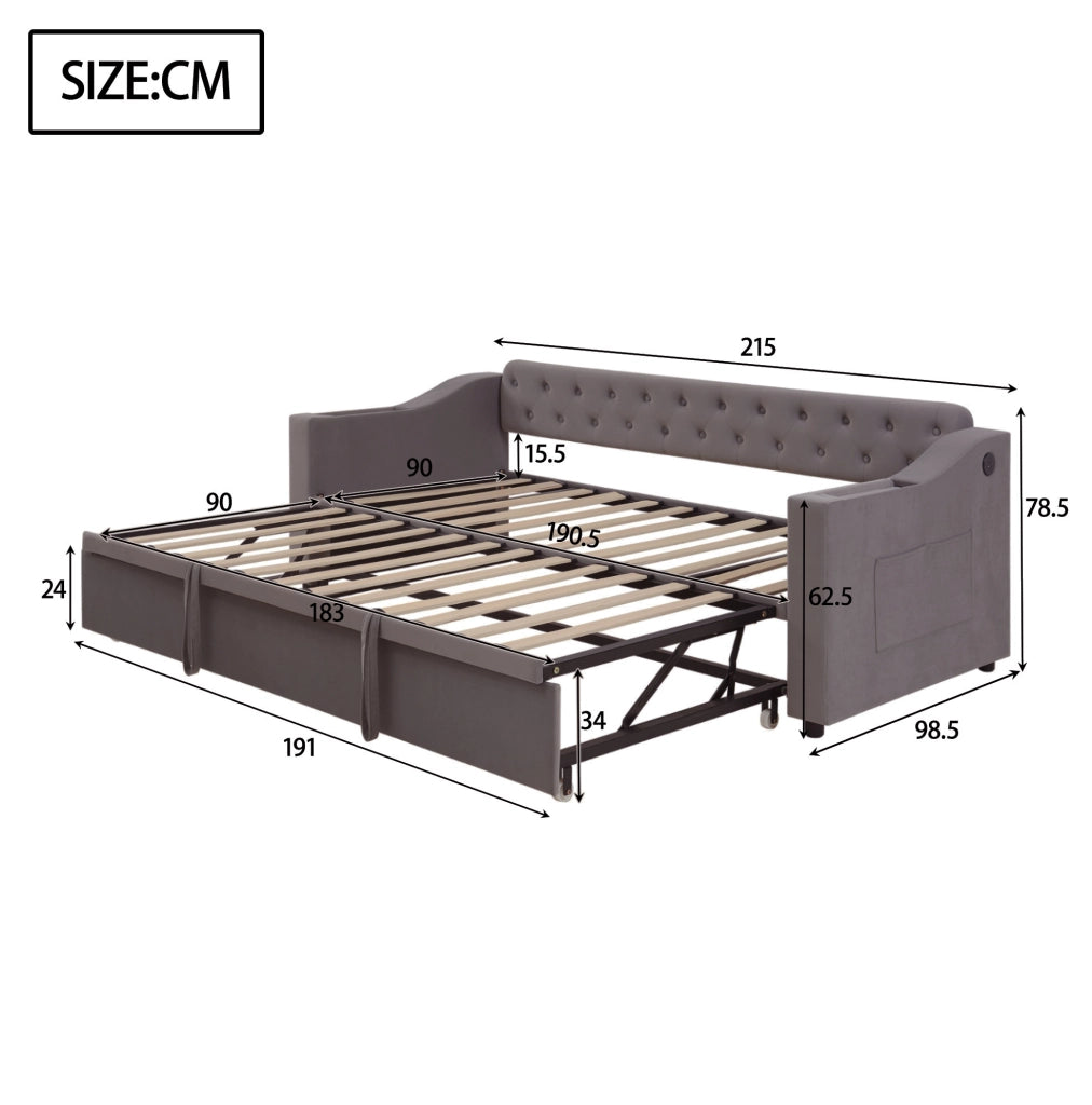 Divano letto imbottito estraibile 90x190 cm in velluto grigio con porte USB e vani contenitore