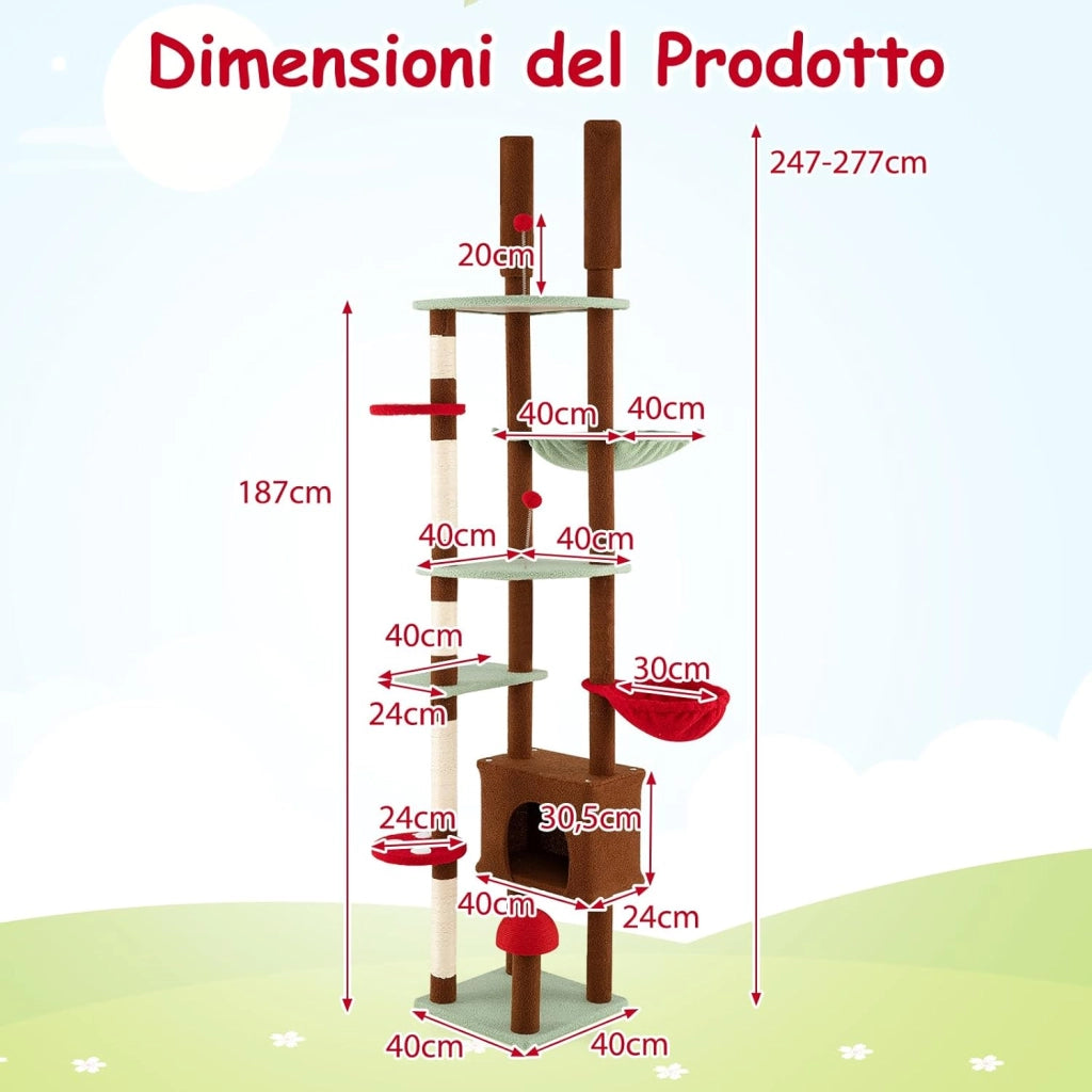 Albero per Gatti da Pavimento a Soffitto, Tiragraffi per Gatti a Forma di Fungo con Altezza Regolabile, Condo, Amaca, Cestino Sospeso Ruotabile, Tiragraffi in Sisal e 2 Palline a Molla