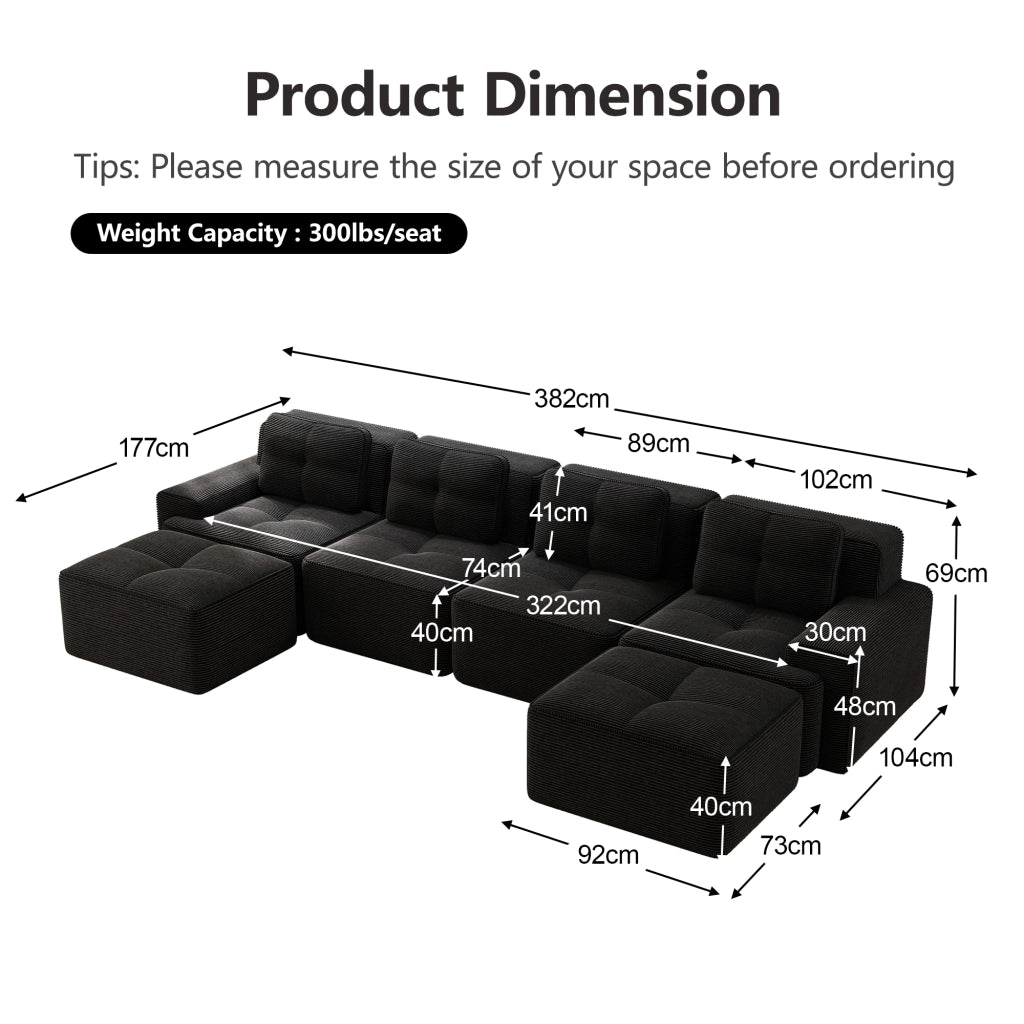 Divano Modulare Chaise Longue 4 Posti ¨C MINIMAL ¨C Velluto a Coste Nero, Morbido