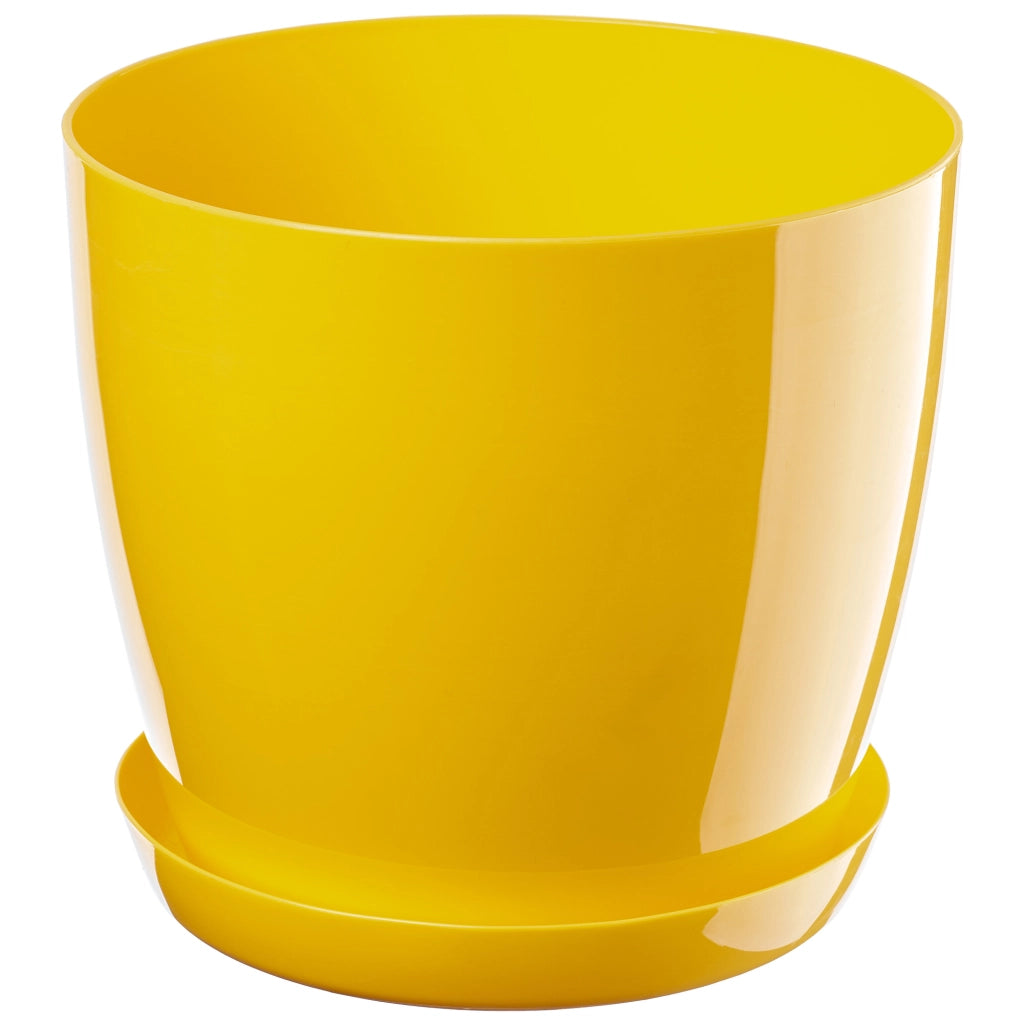 Vaso da fiori KADAX con supporto, rotondo e coperchio, 16 cm, in plastica gialla.